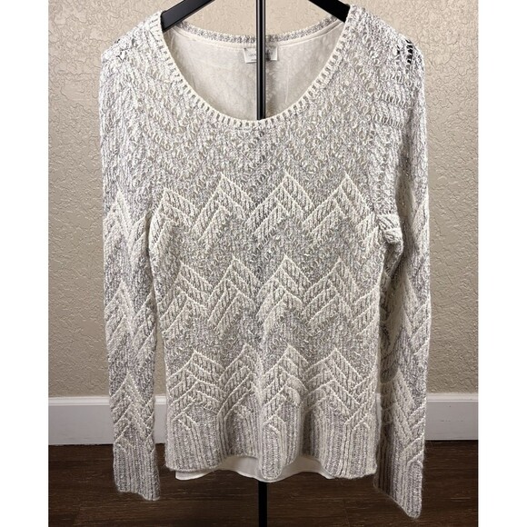 Lucky Brand Sweater Womens Medium Ivory Gray Chevron Stripe Boho Aztec Pullover - Picture 2 of 8